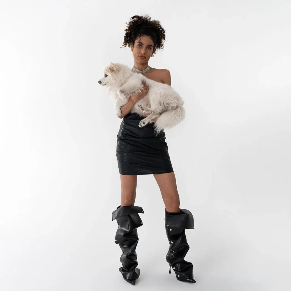 Women Black Suede Detachable Snap-off Panel Fold Over Fall Shark Knee High Boot